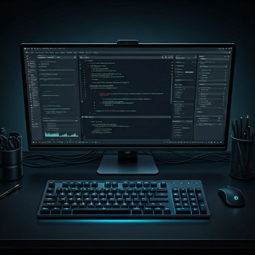 Espacio de trabajo futurista de desarrollo con teclados mecánicos, monitores ultra-wide mostrando código y analíticas en tema oscuro con acentos neón azul